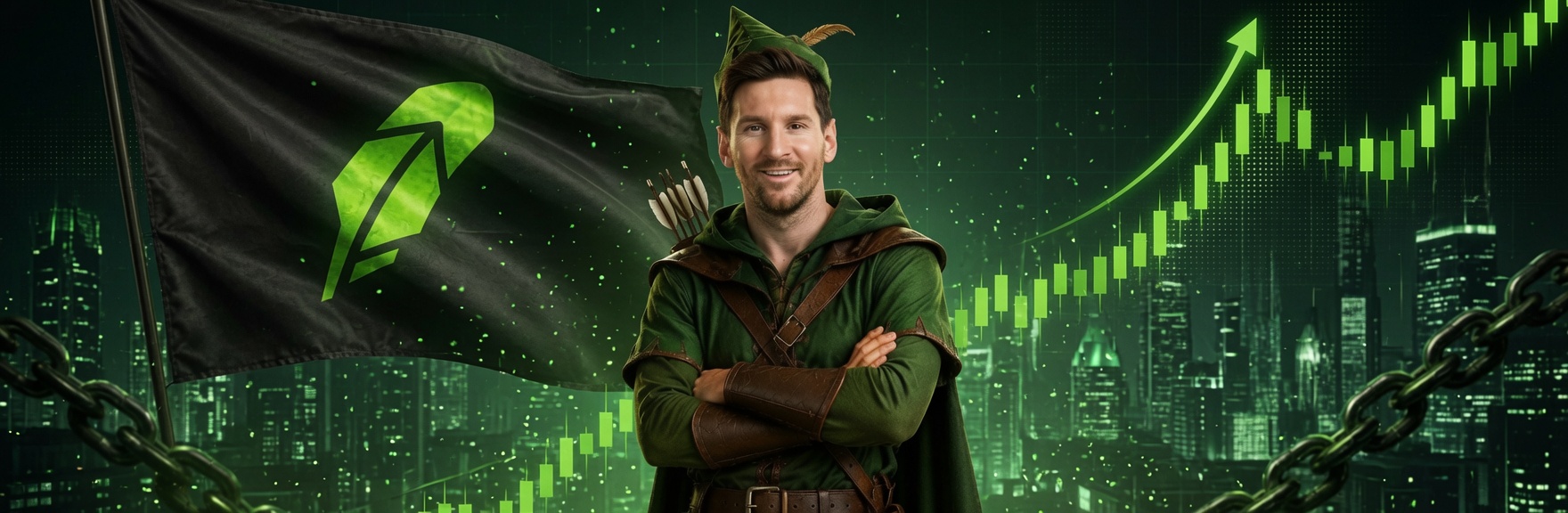 Messi in Hood banner — Messi as Robin Hood with the Robinhood flag and a rising green chart